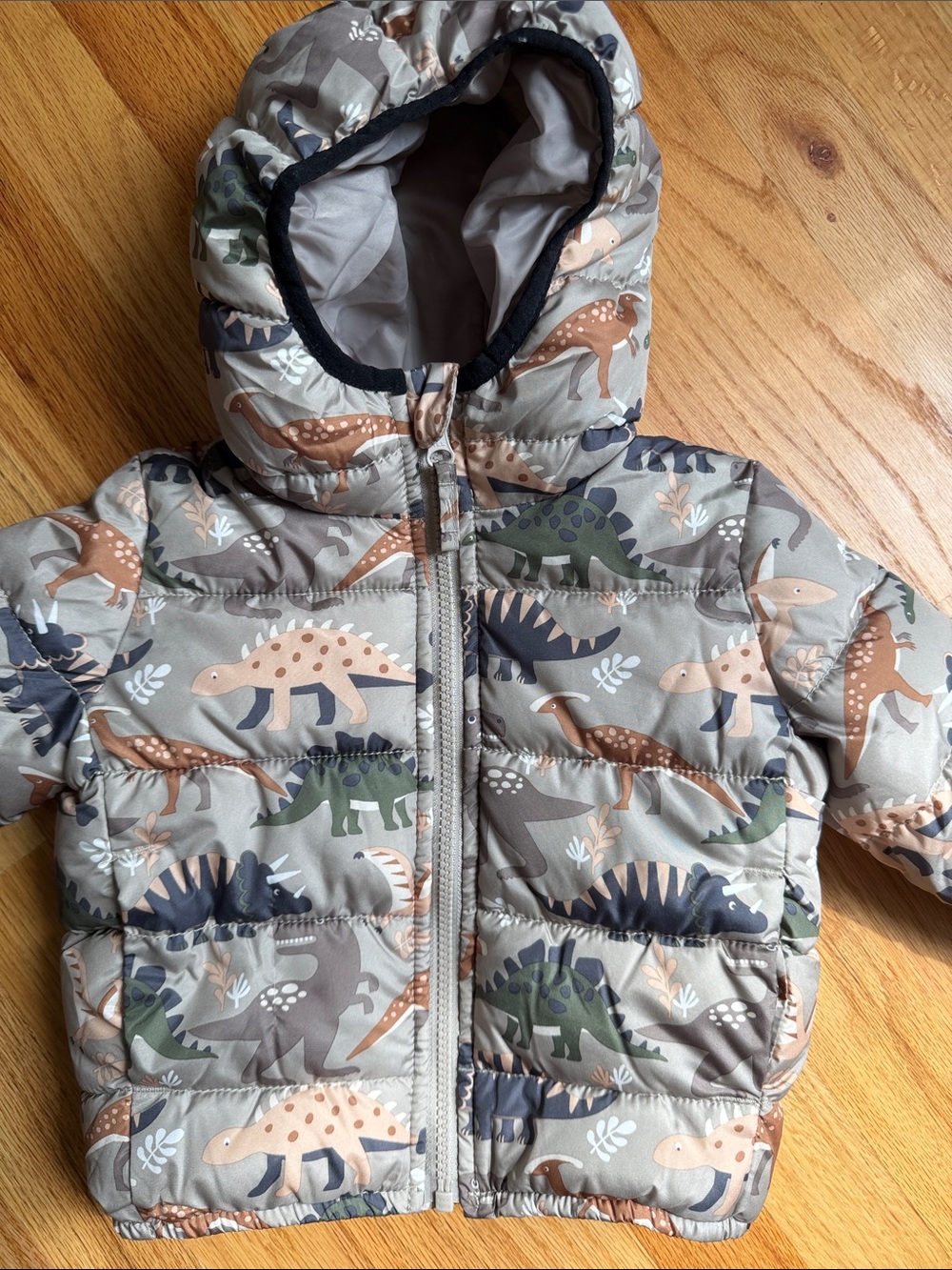 The Children's Place Dino Hooded Puffer Jacket in Tan, Green & Navy